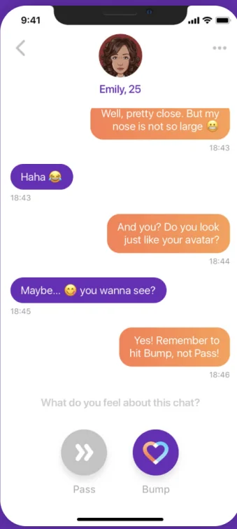 The chat interface. "Do you look just like your avatar?" "Maybe… you wanna see?" Below: Pass or Bump.