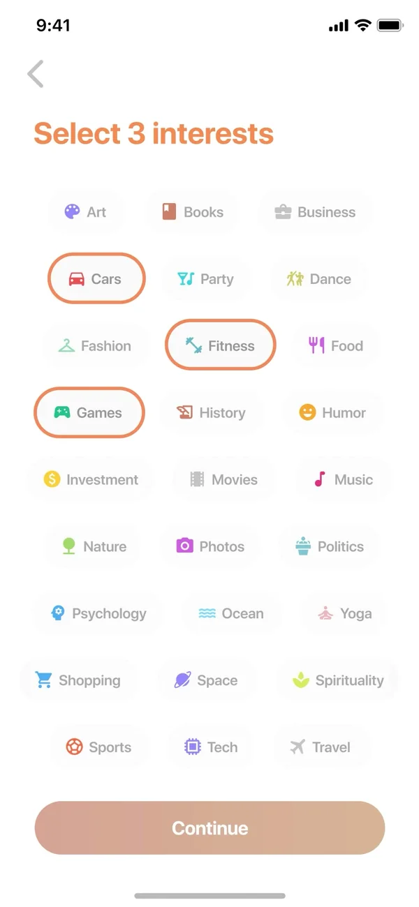 Screen recording: interests, then match and conversation.