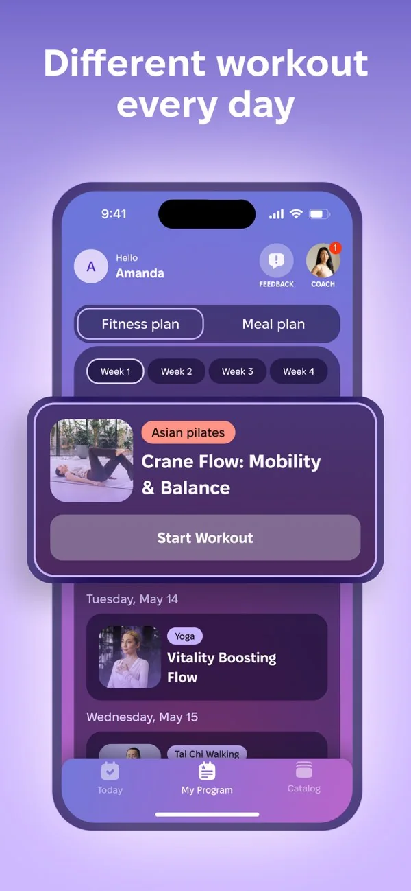 The app card slides up over the grid: today's workout, already picked, and a different one each day. The headline is Harna's own App Store line.