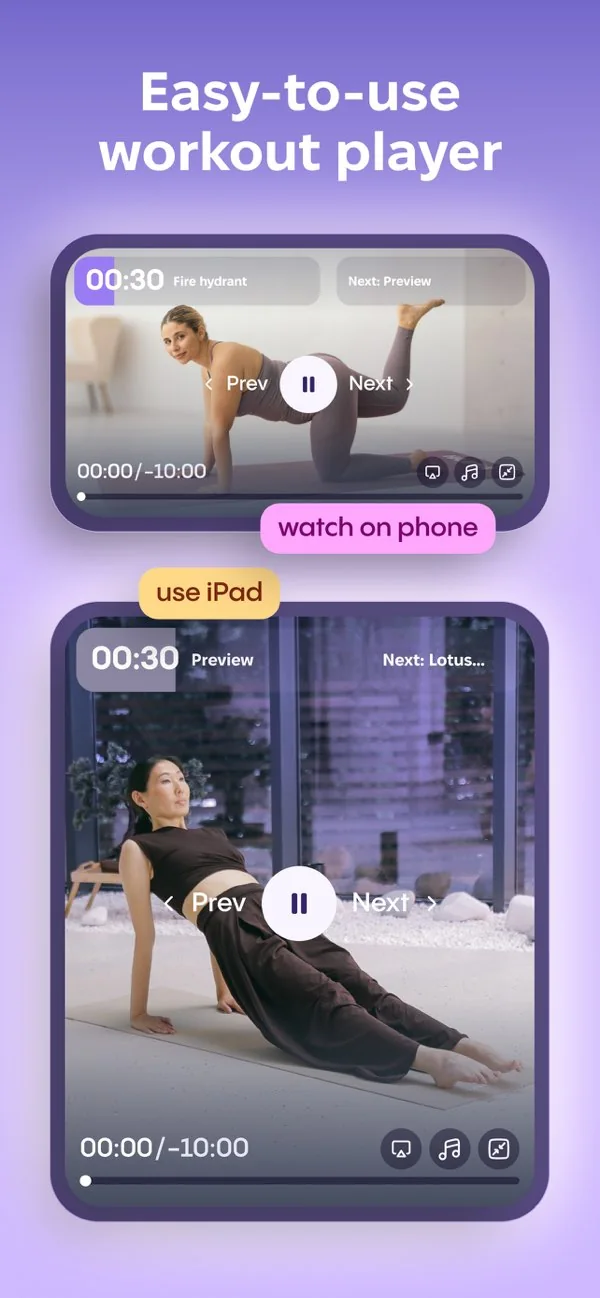 Rounded cards, one at a time: the week plan, the guided player, the progress chart.