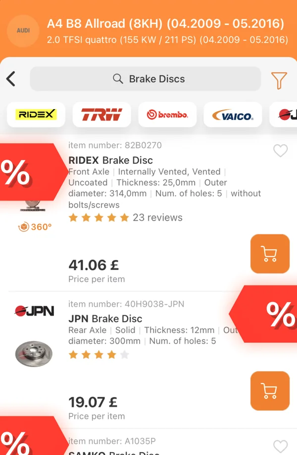 The app basket with four parts and the total, then the same items on autodoc.co.uk, same day.